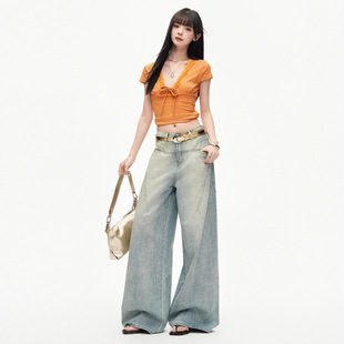 2026春季新款 美式重工艺满天星烫钻牛仔裤女小众设计阔腿牛仔裤