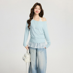 巨好看烫钻露斜肩宽松慵懒感长袖t恤女2026春季新款显瘦小上衣