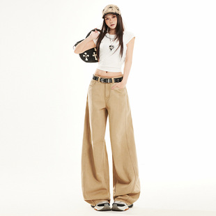 【XI】垂感阔腿宽松直筒牛仔裤女高腰显瘦卡其色裤子慵懒休闲裤