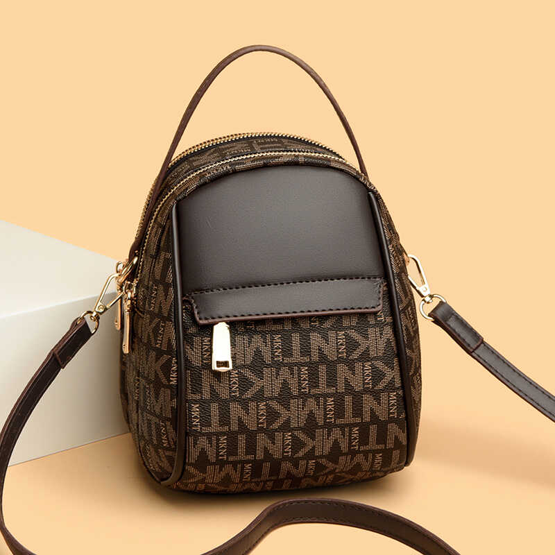 软皮手机零钱包百搭单肩斜挎包复古印花真皮小圆包女2024新款多层