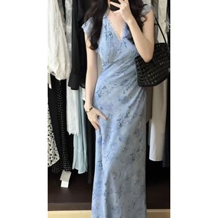 收腰碎花长裙 法式 甜美温柔V领蕾丝浅蓝色连衣裙女夏季 新款 小飞袖
