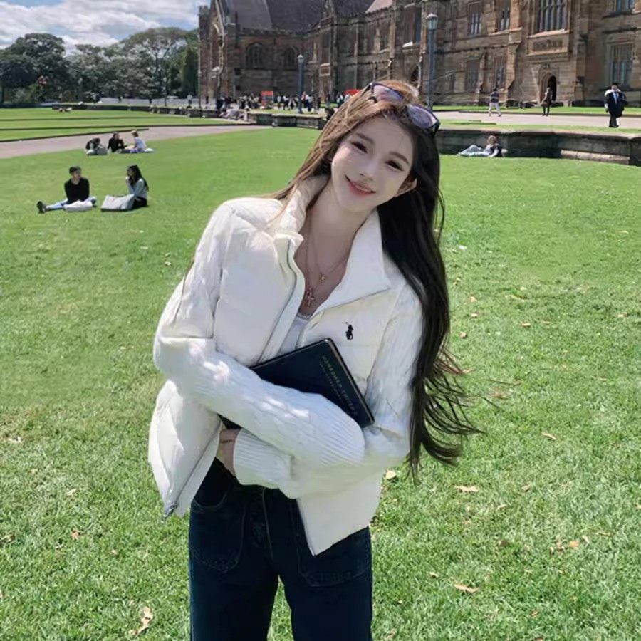 白色针织拼接棉服女修身保暖白鸭绒小个子短款冬天轻薄棉衣外套