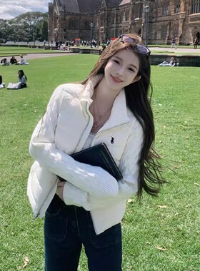 白色针织拼接棉服女修身保暖白鸭绒小个子短款冬天轻薄棉衣外套