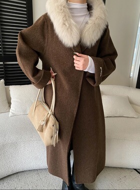 YILIA法式矜贵感可拆卸毛领连帽系带廓形羊毛双面呢大衣