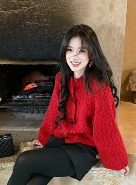 秋冬氛围感新年慵懒风红色针织衫毛衣高腰半身裙裤套装