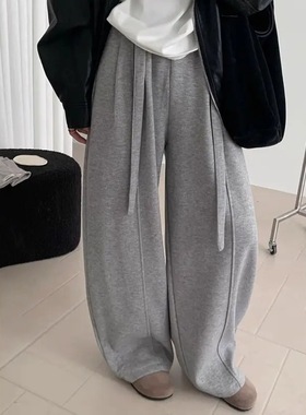 灰色复古弯刀裤女秋冬2025新款宽松加绒休闲运动裤垂感毛呢阔腿裤