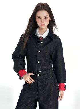 YILIA深蓝色单排扣袖口安可乐红撞色质感翻领潮酷牛仔服女秋冬