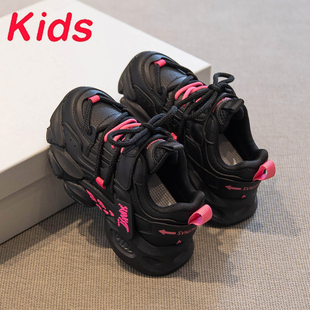 子加绒黑色运动鞋 真皮女童老爹鞋 儿童鞋 秋季 皮面女宝二棉 2025新款