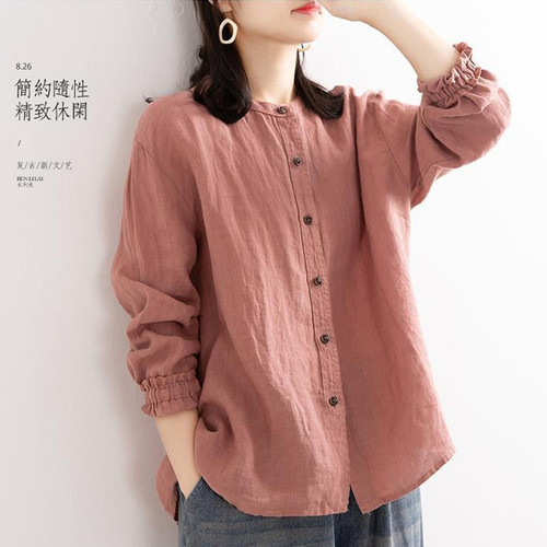 文艺复古春秋季棉麻衬衫女宽松潮