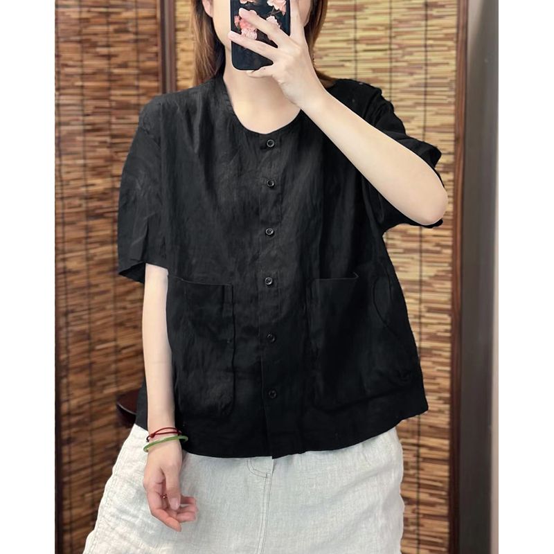 文艺简约棉麻短袖衬衫上衣2026夏季新款口袋开衫宽松显瘦女外贸潮
