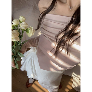 shop芭蕾风一字肩上衣女设计感小众减龄显瘦小个子拼接小衫 are