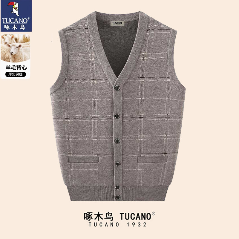 啄木鸟羊绒开衫男士背心秋冬新款加厚无袖马甲v领针织羊毛衫男装