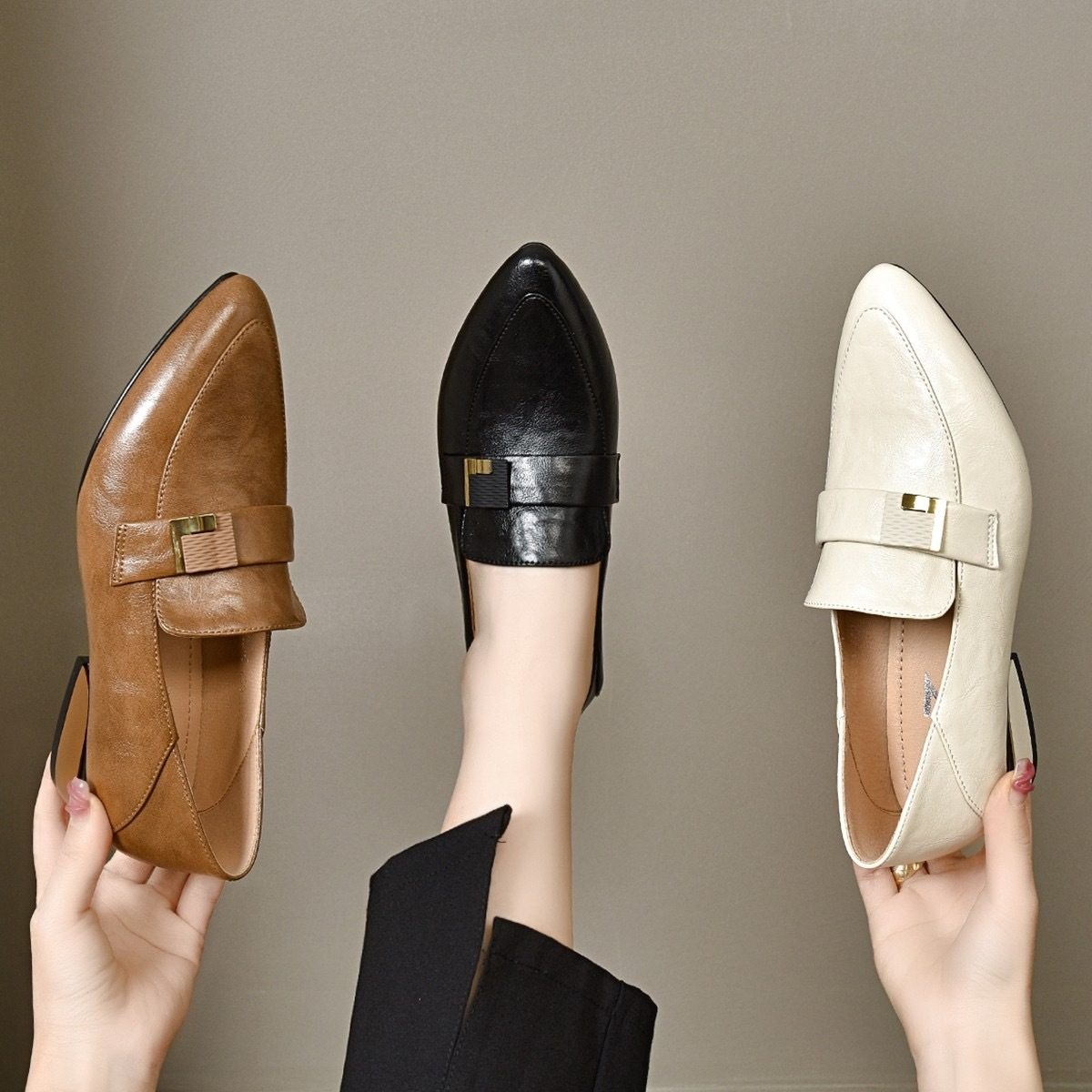 四季青广州十三行即墨米色尖头乐福鞋女真皮一脚蹬粗跟深口单鞋女,女鞋,浅口单鞋,淘宝优惠券,粉丝福利购,淘宝优惠卷