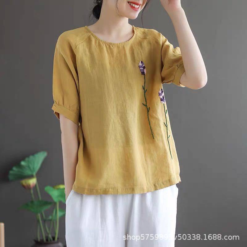 四季青广州十三行即墨文艺复古花朵刺绣棉麻圆领短袖T恤女夏季新,女装/女士精品,T恤,淘宝优惠券,粉丝福利购,淘宝优惠卷
