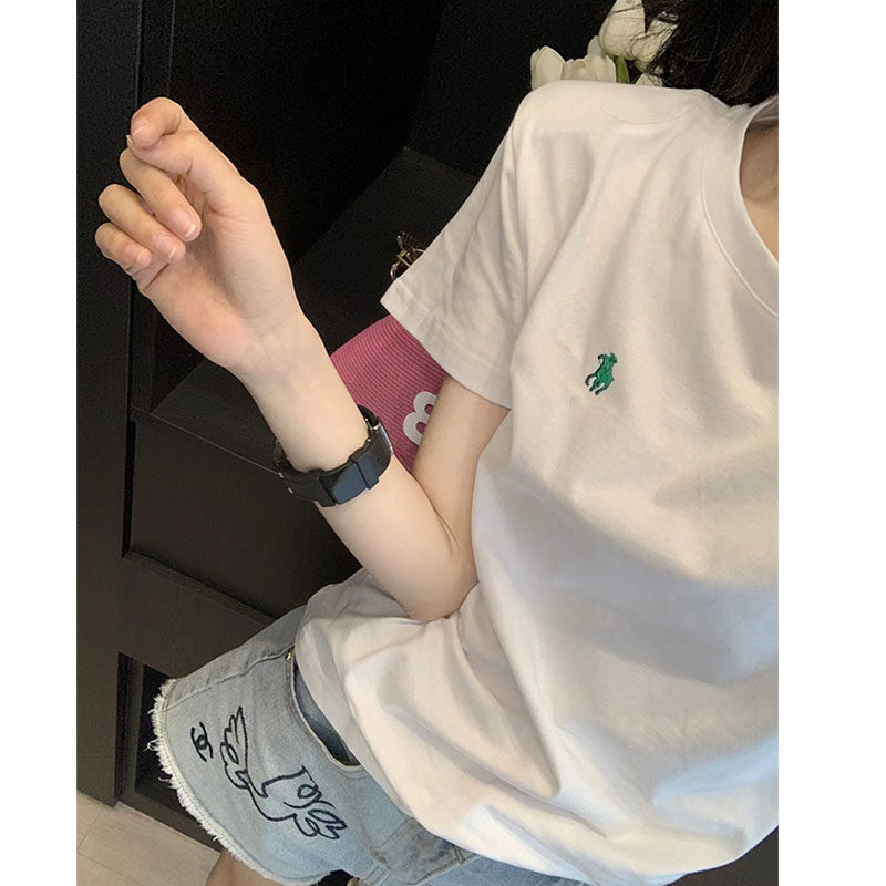 韩国白色正肩短袖T恤女夏季基础款百搭纯棉打底体恤印花宽松上衣.