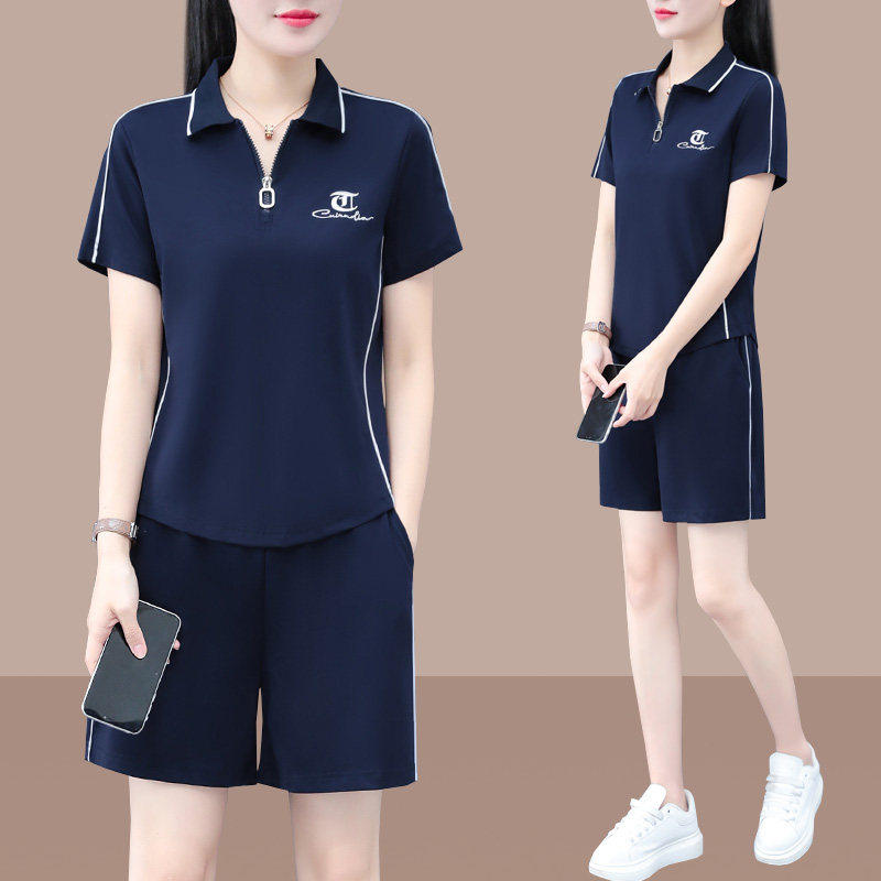 韩国2026新款宽松速干冰丝短袖短裤运动套装女夏季薄款翻领两件套