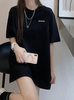 韩国潮牌纯棉黑色短袖t恤女2025中长款下衣失踪个性字母宽松上衣.