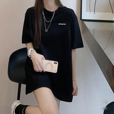韩国潮牌纯棉黑色短袖t恤女2025中长款下衣失踪个性字母宽松上衣.