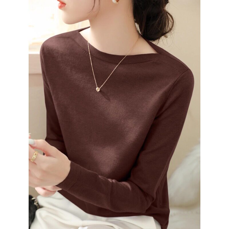韩国深棕色一字领针织衫女2025大尺码内搭修身显瘦长袖内搭衣春秋