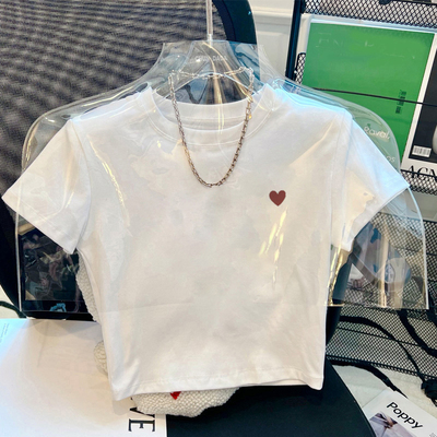 韩国纯色正肩短款短袖T恤女爱心印花减龄小个子上衣纯棉修身显瘦.