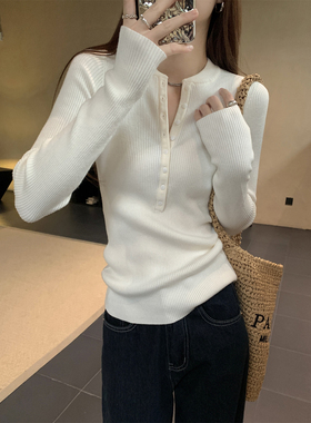 韩国秋季2025坑条肌理感针织毛衣女钮扣V领美式正肩长袖辣妹打底~