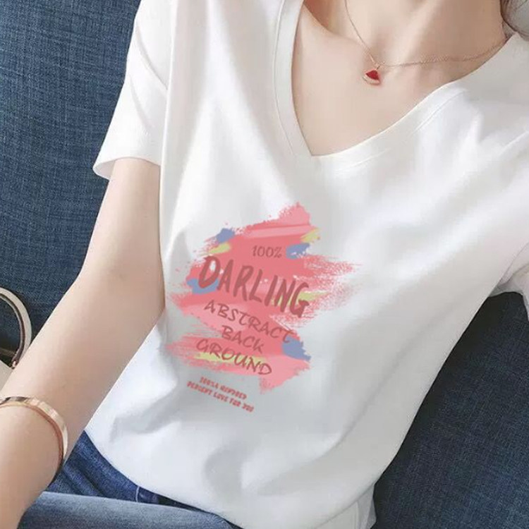 韩国白色V领短袖t恤女2026夏季新款正肩鸡心领小个子蝴蝶印花上衣