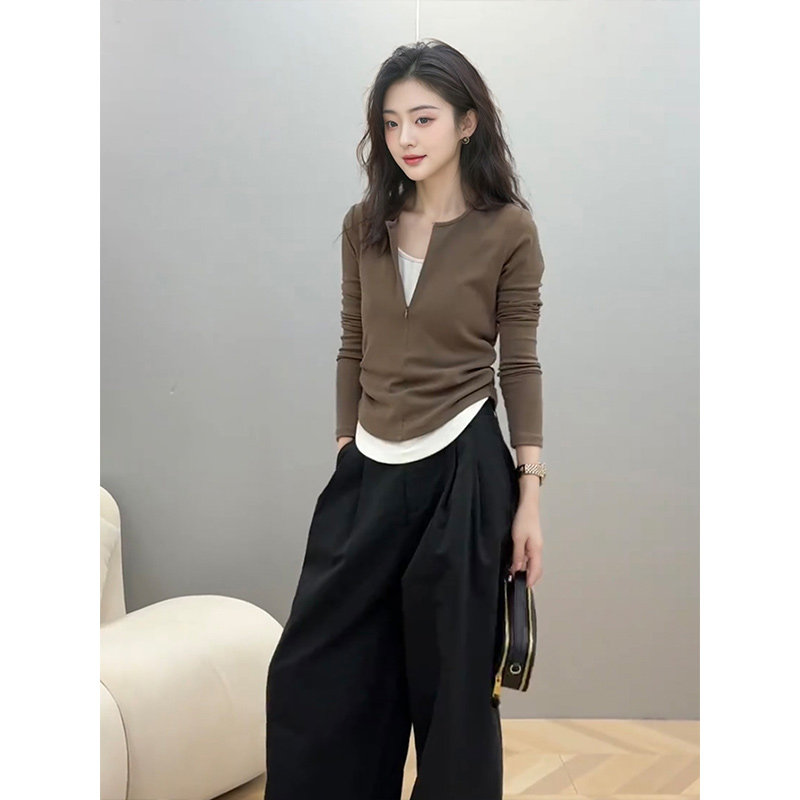 韩国假两件咖色美拉德上衣女2025秋季甜酷拉炼长袖T恤收腰捏褶~