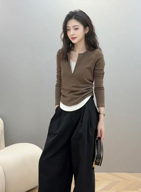 韩国假两件咖色美拉德上衣女2025秋季甜酷拉炼长袖T恤收腰捏褶~