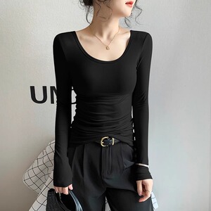 韩国U领长袖内搭衣女秋内搭2025新款莫代尔低领露背面膜T恤上衣~