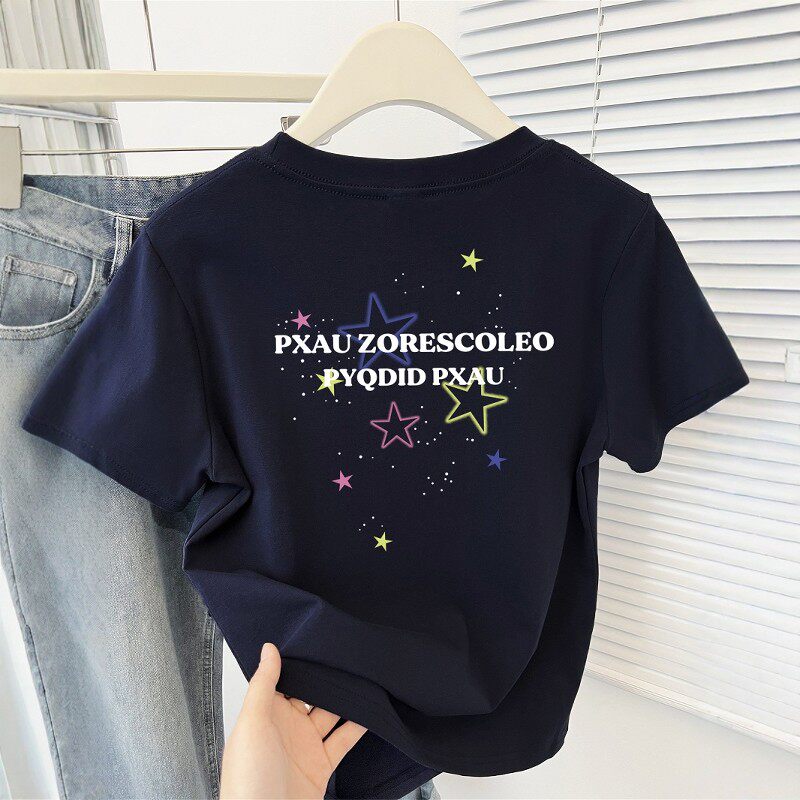韩国夏季新款星星印花圆领短袖T恤女小众设计感韩系百搭正肩上衣