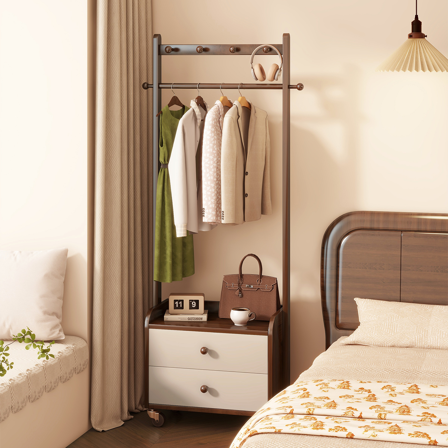 实木床头柜衣帽架一体家用卧室床边可移动多功能置物架落地挂衣架