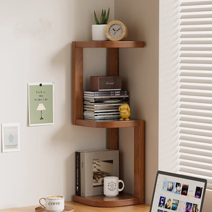 桌面转角置物架一体靠墙实木柜客厅卧室办公室三角拐角木架床头柜