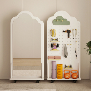 实木可移动洞洞板免打孔瑜伽器材展示收纳穿衣挂衣镜一体陈列架