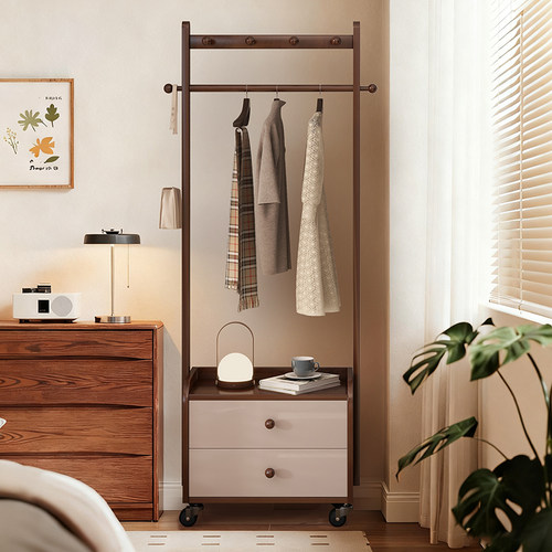 实木床头柜挂衣架一体可移动简约卧室衣帽架落地床边挂衣服架子