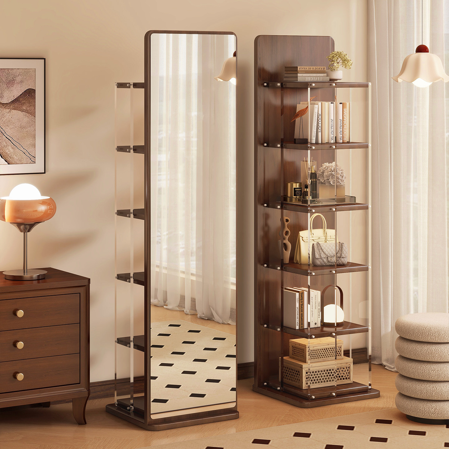 实木全身镜落地镜家用悬浮书架储物一体可旋转穿衣镜移动试衣镜子,住宅家具,穿衣镜,淘宝优惠券,粉丝福利购,淘宝优惠卷