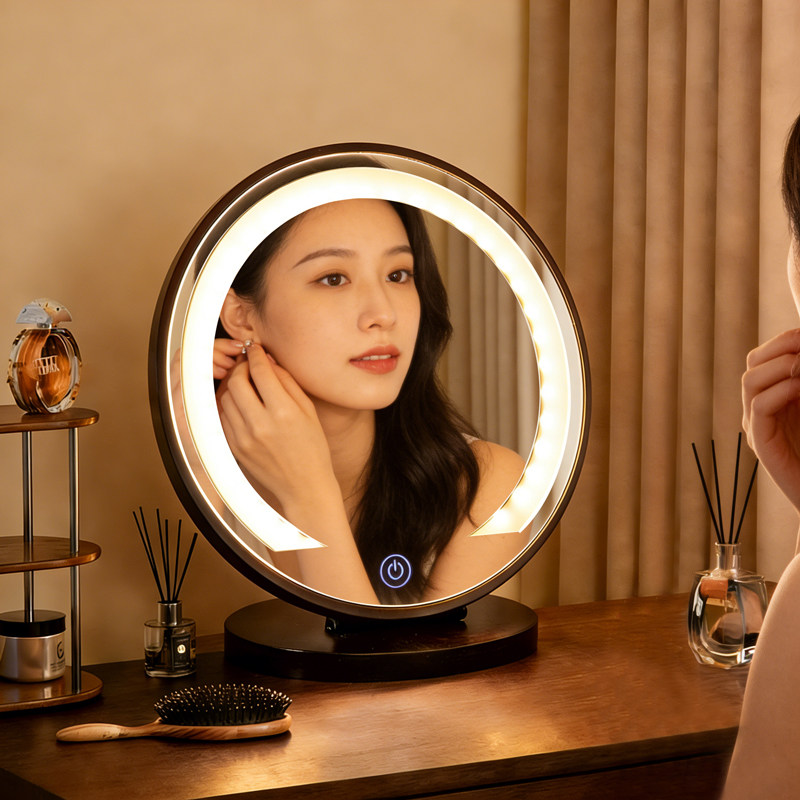 实木化妆镜led灯桌面台式智能家用梳妆镜旋转美妆镜卧室补光镜子