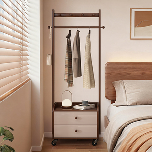 实木床头柜衣帽架一体可移动卧室床边收纳挂衣架落地多功能置物架