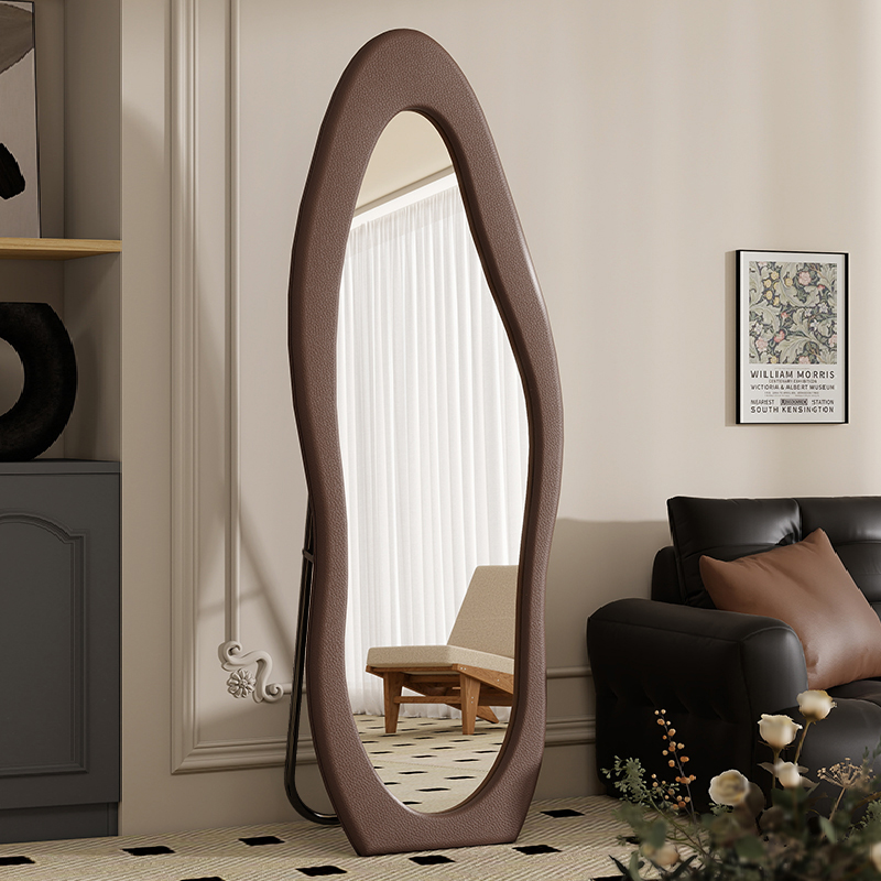 全身镜家用落地镜网红双层皮革异形镜高级感穿衣镜卧室大试衣镜子