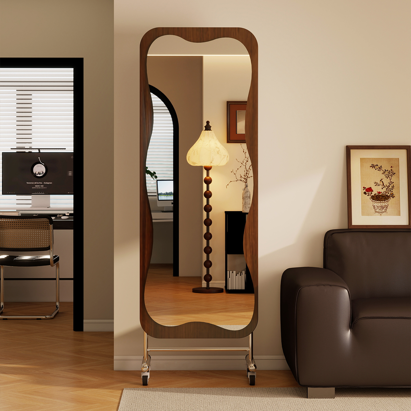 可移动全身镜落地镜家用卧室中古风穿衣镜客厅不锈钢滑轮试衣镜子