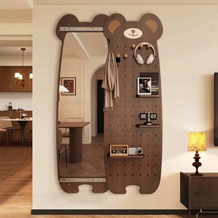 全身镜家用小熊穿衣镜网红隐藏式可关闭镜子洞洞板实木壁挂推拉镜