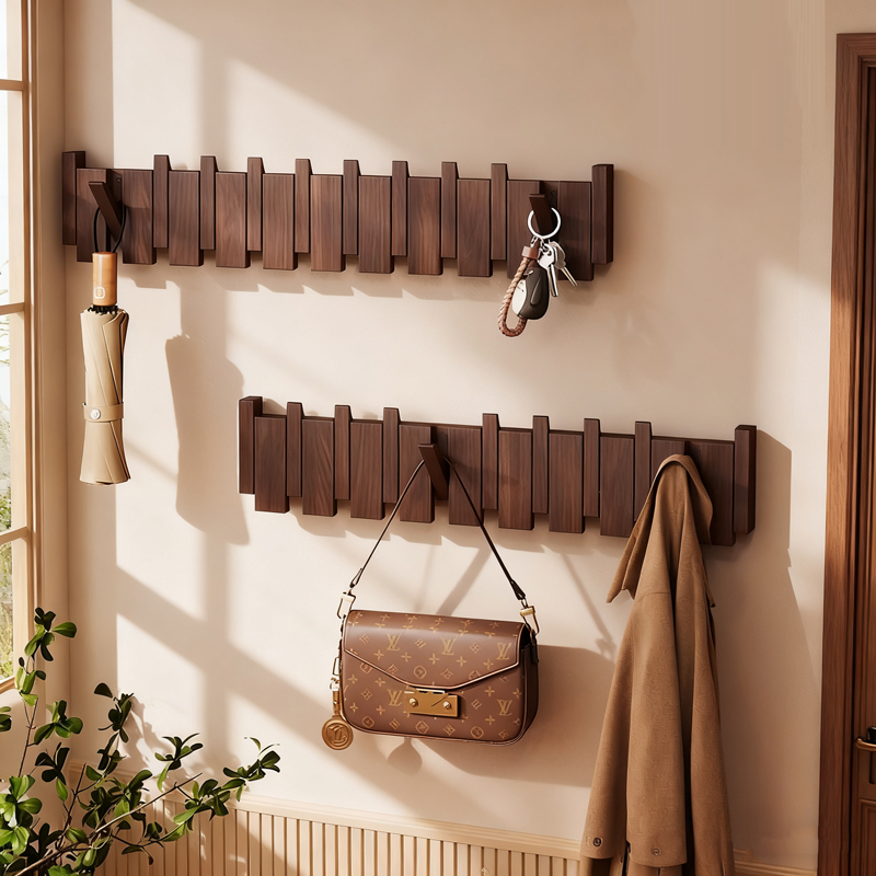 钢琴键挂衣架卧室玄关入户门后置物架免打孔衣帽架实木墙上壁挂钩