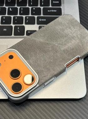 复古紫色牛仔纹适用苹果17promax手机壳iPhone16pro秋冬新款15/14plus磨砂13pro电镀镜框12pro高级感11防摔套