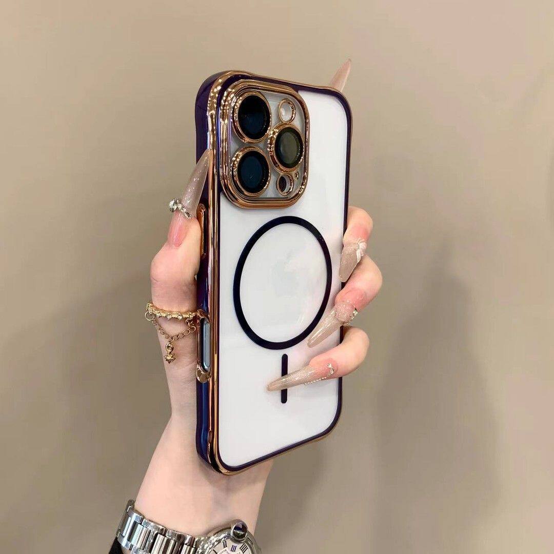 细线磁吸电镀双色亚克力适用苹果16e手机壳彩边透明iPhone15promax电镀金边14PM新款13pro镜头全包12高级女