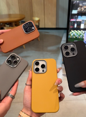 高品质皮纹金属框苹果16promax新款手机壳适用iphone14pro新款15pm简约个性13小众12保护套防摔1不沾指纹磨砂