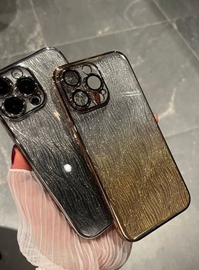 电镀星空闪粉苹果15Promax手机壳暗紫色水波硬壳适用iPhone14pro带镜头膜高档电镀保护套男15p女款13P简约12p