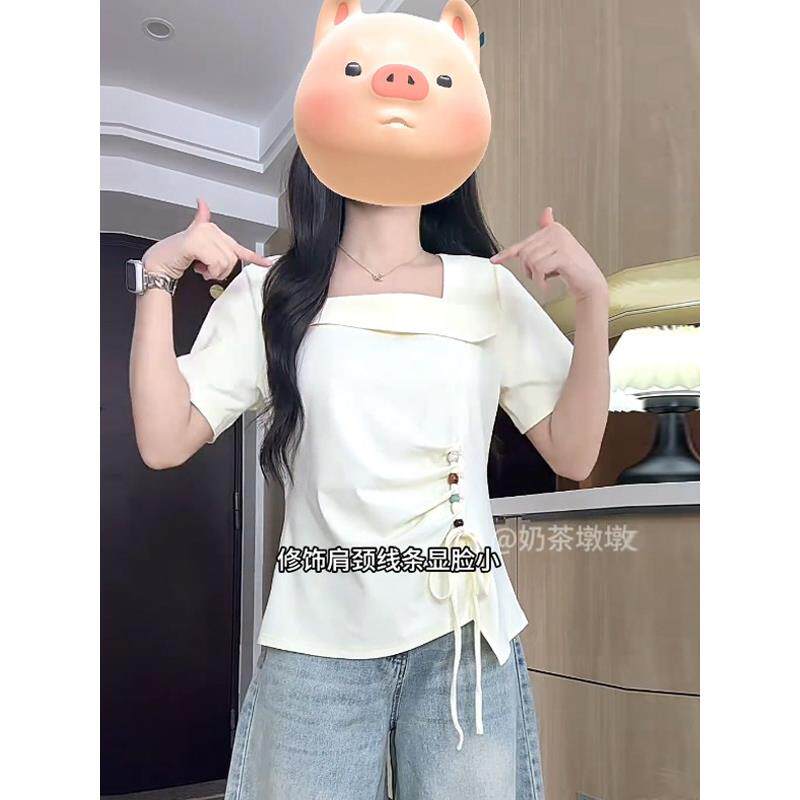加码休闲方领蝴蝶结短袖t恤在夏天的女人,独特的和独特的t恤,为