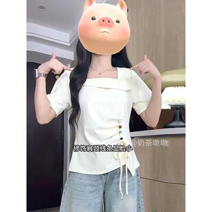 加码休闲方领蝴蝶结短袖t恤在夏天的女人,独特的和独特的t恤,为