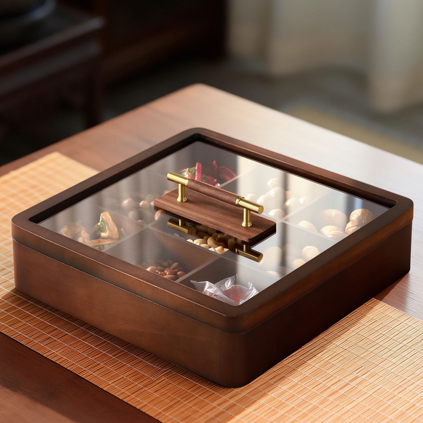 新中式千里江山实木旋转果盘双层大容量果盒零食糖果点心干果盒子,家居饰品,果盘/果篓,淘宝优惠券,粉丝福利购,淘宝优惠卷