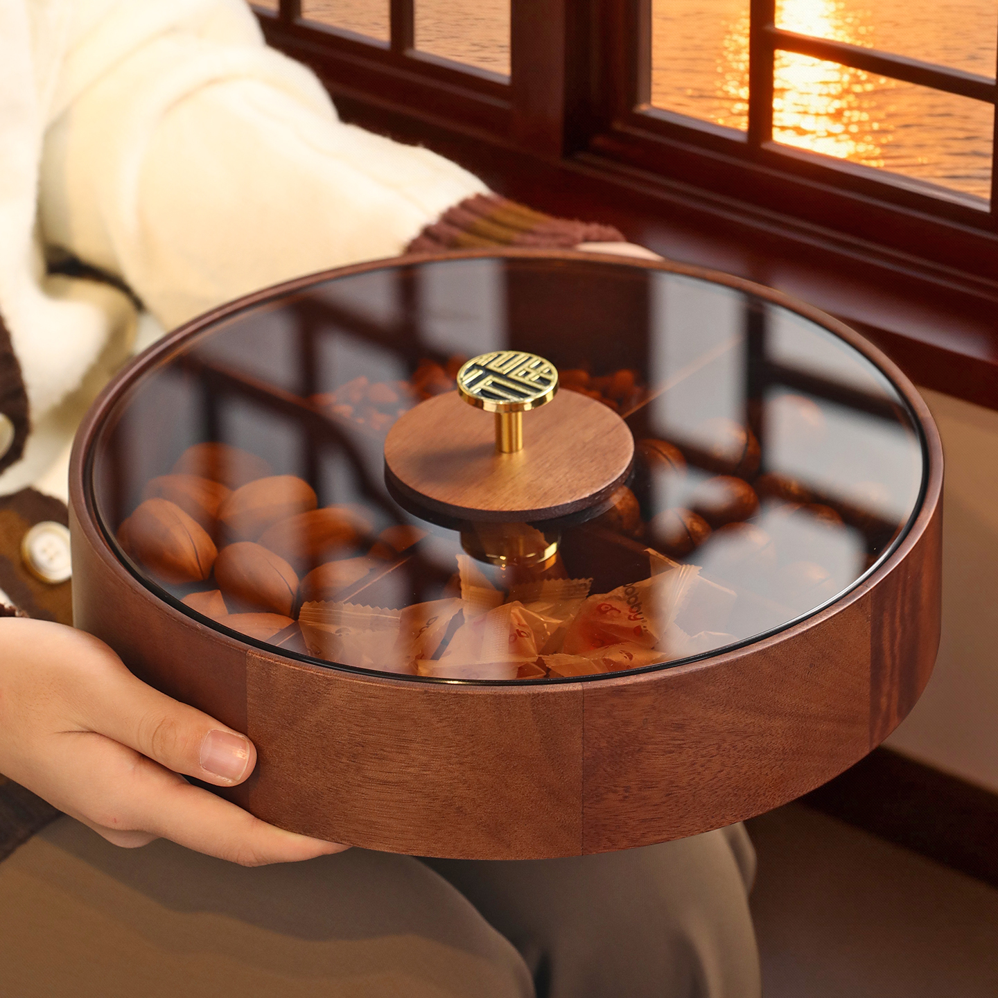 新中式千里江山实木旋转果盘双层大容量果盒零食糖果点心干果盒子