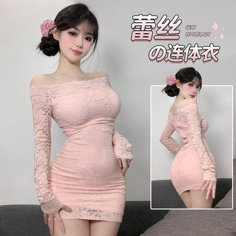 cutie新款纯欲风蕾丝气质一字肩连衣裙女性感紧身酒吧女包臀短裙